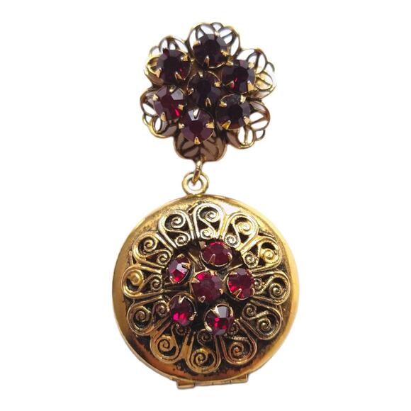 Vintage Etruscan Revival Gold Locket Brooch with Red Stones - Picture 5 of 5